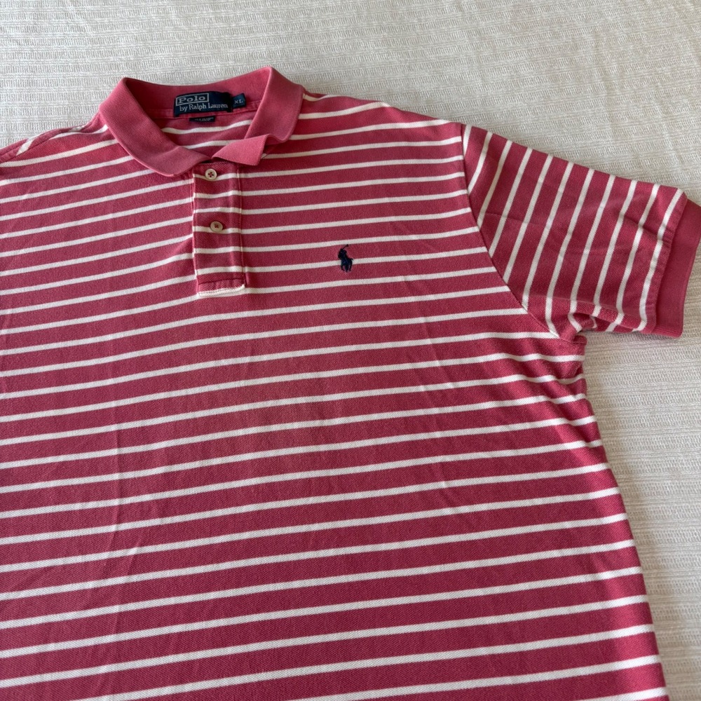 Polo Ralph Lauren Mens XL Red White Striped Short Sleeve Cotton Pique Polo Shirt